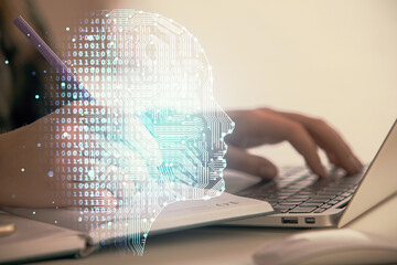 Multi exposure of woman hands working on computer and human brain hologram drawing. Ai tech concept.