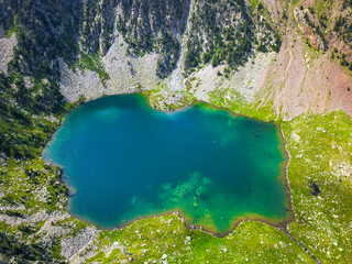 Vertical aerial view from above of a big lake surrounded by a natural green landscape.