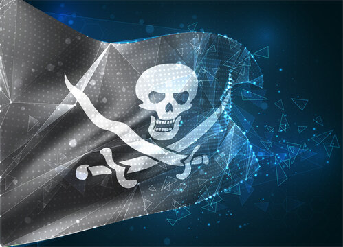 3d vector mesh flag of a pirate skull on a black, virtual abstract 3D object from triangular polygons on a blue background