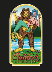 Sasquatch and Mermaid. Outdoor Adventure Logo. Vector Illustration.