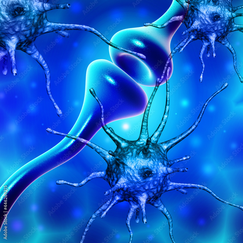 Poster synapse and neuron cells sending electrical chemical signals. 3d rendering