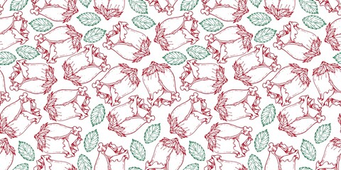 beauty natural red rose floral repeat seamless pattern doodle cartoon style wallpaper vector illustration