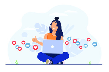 Girl sitting with crossed legs using a laptop. Social network, hearts and thumbs up for web site concept vector illustration. Woman using a laptop.