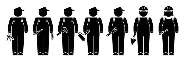 Ensemble de silhouettes d’ouvriers (6 hommes et 1 femme) avec dans la main l’outil correspondant à leur métier.