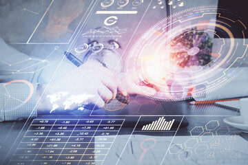 Multi exposure of man's hands holding and using a digital device and data theme drawing. Innovation concept.