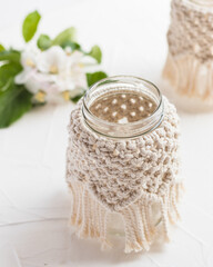Small glass vase, jar, candleholder with macrame cover. Boho style. Bohemian home decor. Wedding accessory.