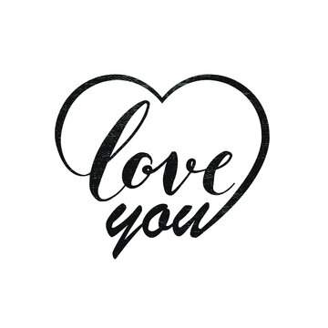 Love you - black calligraphy inscription in heart shape. Love hand lettering card. Vector illustration