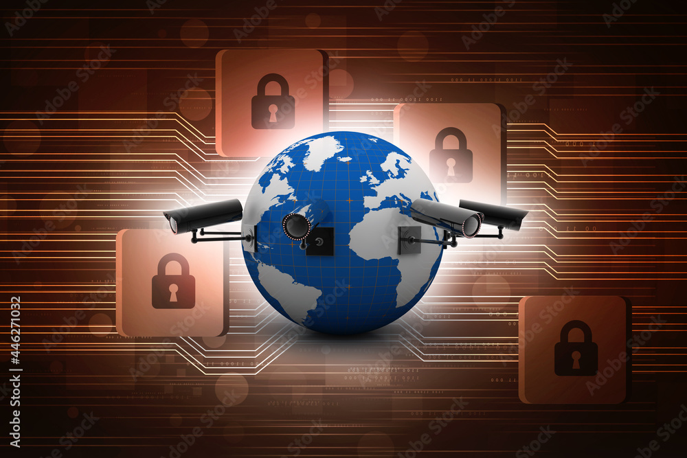 Poster 3d rendering surveillance cctv security camera connected globe