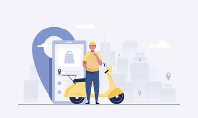 Professional couriers deliver orders and flat scooters. Order Tracking Mobile App. vector illustration.
