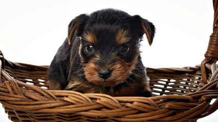 yorkshire terrier puppies in a basket on a white background