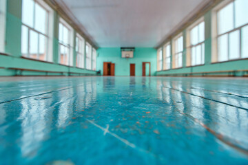 A school sports hall that has not been repaired for many years with an old wooden floor