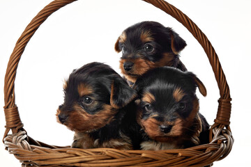 yorkshire terrier puppies in a basket on a white background