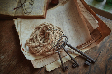 Rope, keys and a manuscript. Preparation of equipment for the discoverer, traveler. © svetlanaz