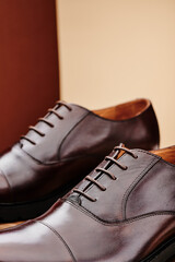 Brown leather men's shoes made of genuine leather in classic style close-up. High quality photo
