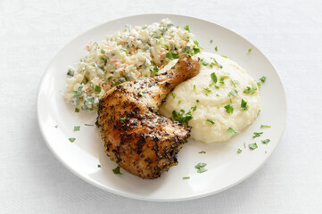 chicken leg with potato and salad