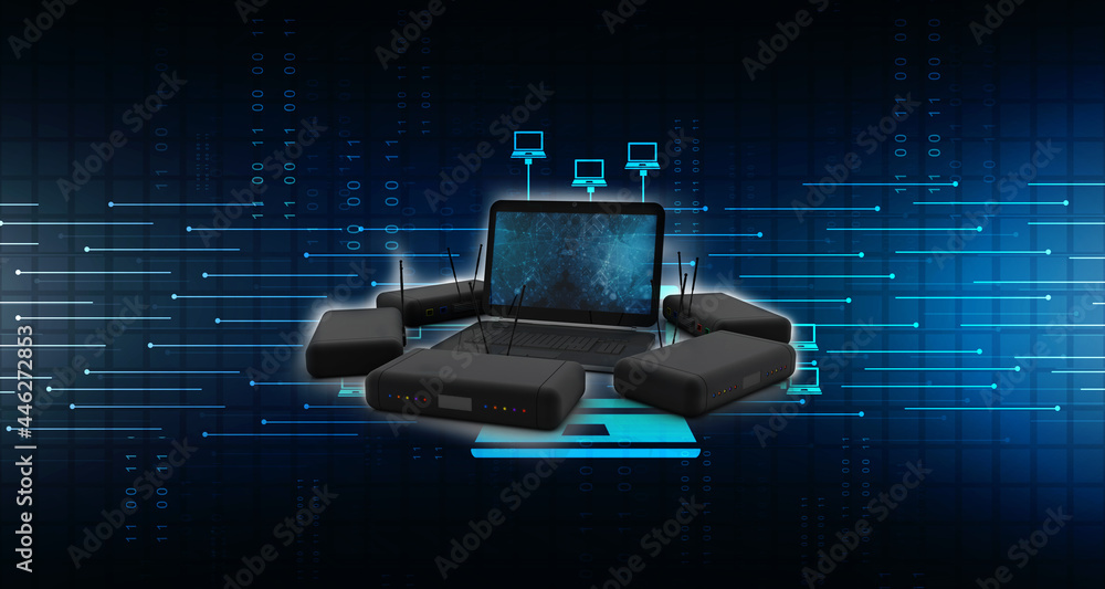 Poster 3d rendering Transmitter WiFi with laptop
