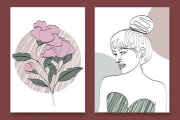 A set of two white backgrounds featuring a flower branch, a fictional girl's profile and geometric shapes. Isolated young woman with matching hair and a branch of pink flowers drawn
 line.