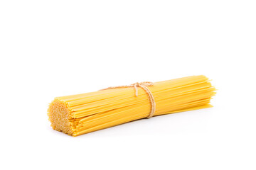 Top view of a bunch of bucatini or perciatelli - pasta, spaghetti strands isolated on white background.