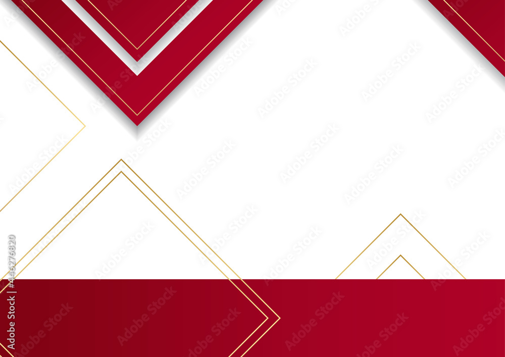 Poster Simple minimal red white gold abstract presentation background. Elegant navy blue background with red overlap layer. Modern gold red abstract wave curved background for presentation design