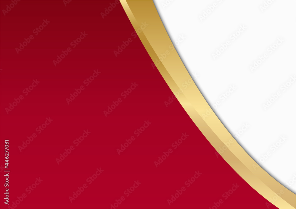 Poster Red gold minimal abstract presentation background with white space for text. Abstract gold light threads background. Red and gold background with wave and triangle element and golden lines.