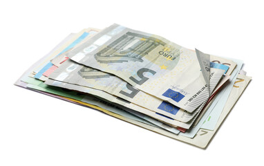 Pile of different Euro banknotes on white background