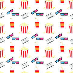 This is a seamless pattern texture of cinema objects on a white background. Vector wrapping paper.