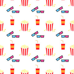 This is a seamless pattern texture of cinema objects on a white background. Vector wrapping paper.