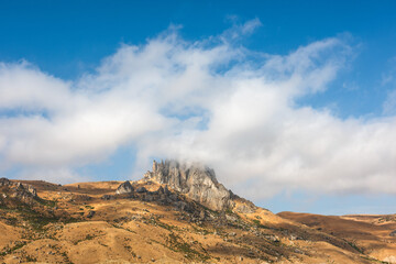 Rocky peak of holy mountain Beshbarmag located in Azerbaijan