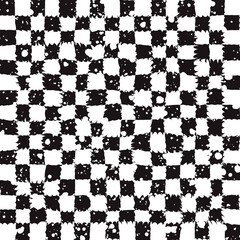 Grunge chessboard wallpaper. Vector dirty checkered board pattern. Seamless decorative checkers ornament. Spots and crooked cells make the board look textured.
