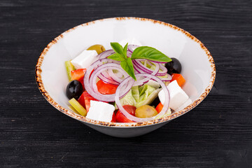 Uzbek tomatoes, cucumbers, Bulgarian pepper, sirtaki cheese, red onions, olives, herbs, olive oil