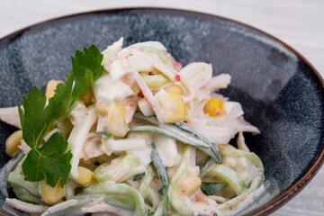 crab sticks, cucumber, corn, egg, mayonnaise, greens