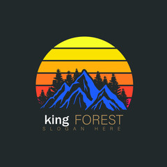 Camping Logo Design. Wild Sunset Scene With Forest, Mountain And Sun.