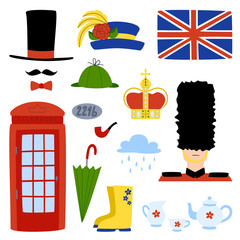 Set of objects and symbols related to London and England