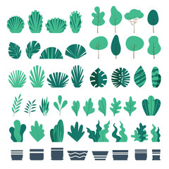 Set of office plants, foliage, trees and pots in a flat style. Home and garden plants, abstract leaves and bushes. Vector illustration.