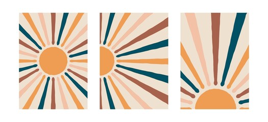 Abstract sun posters. Boho contemporary backgrounds modern mid century style. Geometric wall decor, vector illustration