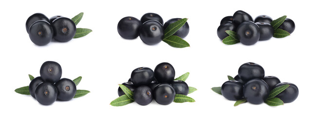 Set with acai berries on white background. Banner design