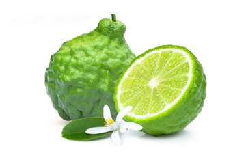 Bergamot lime with flower isolated on white - obrazy, fototapety, plakaty