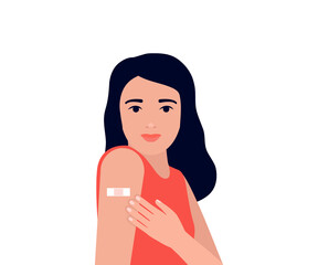 Young woman after vaccination show arm with patch. Protection hand with bandage after receiving inoculation. Concept vaccine coronavirus. Vector illustration