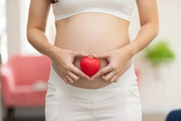 Close up finger of Pregnant woman holding on belly making shaping a heart for love and happiness,Pregnancy of young woman enjoy with future life relax with love,Motherhood and Pregnant Concept