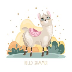 Summer postcard with a cute Llama on a beautiful background. A handwritten greeting. Vector illustration.