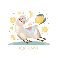 Summer postcard with a cute Llama on a beautiful background. A handwritten greeting. Vector illustration.