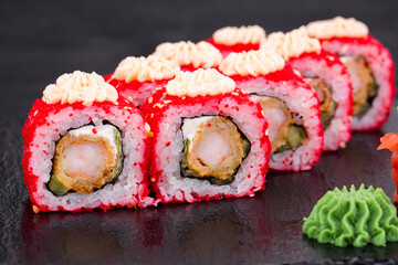 Rolls, Tuna, cremette cheese, cucumber, rice, nori algae, tobico caviar