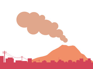 Obraz premium 夕焼けに染まる街と桜島のイラスト