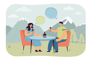 Young couple sitting at table, drinking champagne in mountains. Man and woman talking on date flat vector illustration. Picnic, love, summer, recreation concept