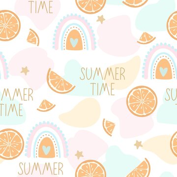 Abstract seamless patterns with fruits. Summer background with dots and a rainbow. Vector illustration.
