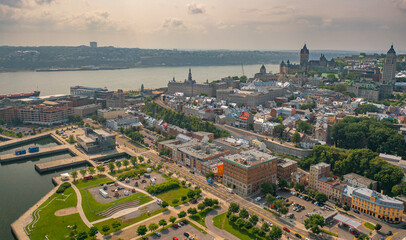 Aerial view of Quebec City skyline in summer from drone, Canada