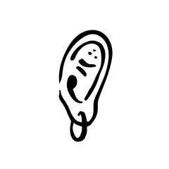 Human ear with ring. Black ink vector illustration. Witch element. Halloween design. Day of the dead. Isolated on white background.