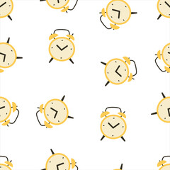 Super cute seamless pattern with yellow clock illustration. texture about the time with alarm clocks.
 Vector alarm clock on a white background. Colorful seamless pattern. It's time for school.