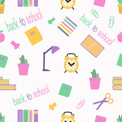 Seamless pattern with school supplies. Vector illustration.
School seamless pattern consisting of school stationery, such as a desk lamp, notebooks, books, textbooks, paper clips, cactus, pencils, 