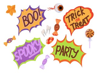 Fototapeta premium Candy, costumes, magical and creepy items. A large set of Elements for the celebration of Halloween. Vector illustration isolated on white background.